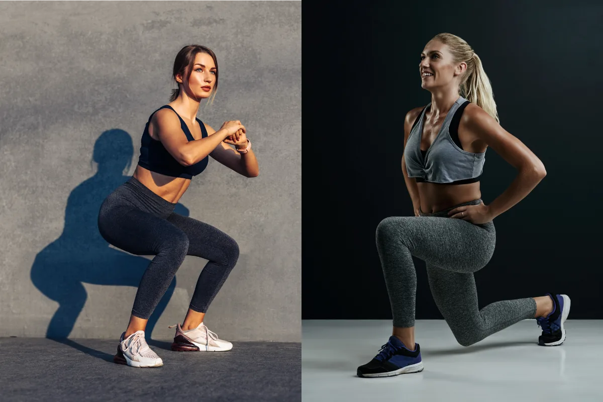 Two women exercising — one squatting in sunlight on a gray wall background, the other lunging indoors against a dark backdrop